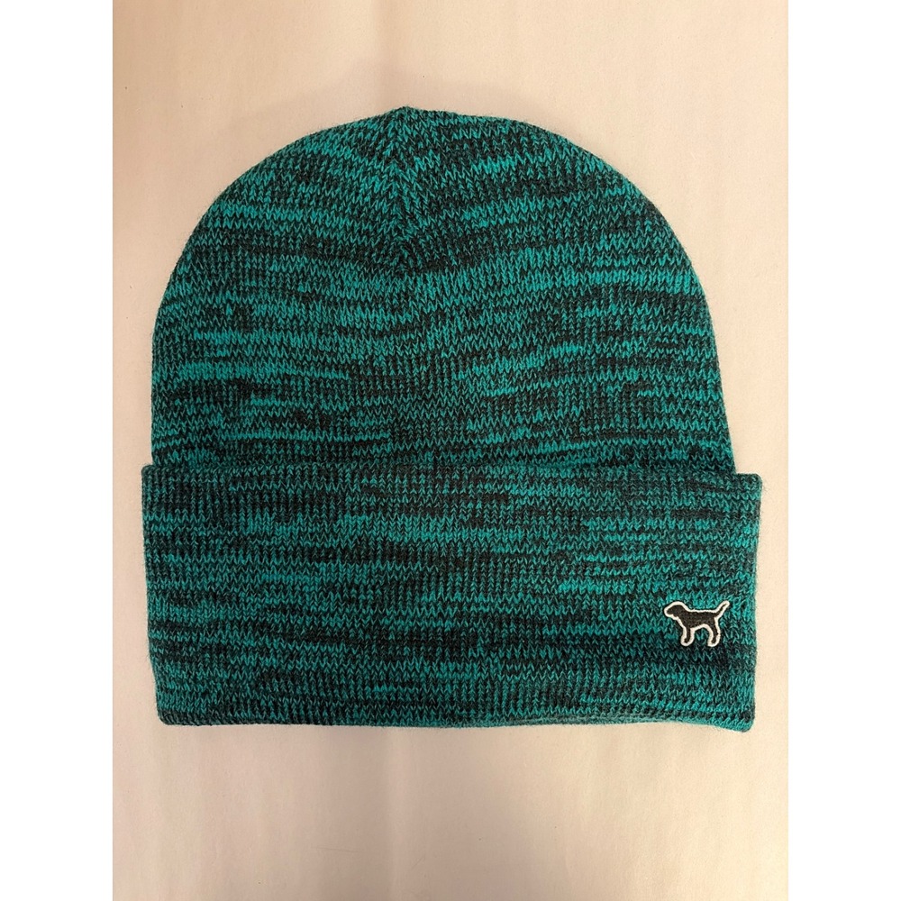 PINK Victoria's Secret‎ Beanie Womens OS Teal Black Space Dye Knit Hat Retro